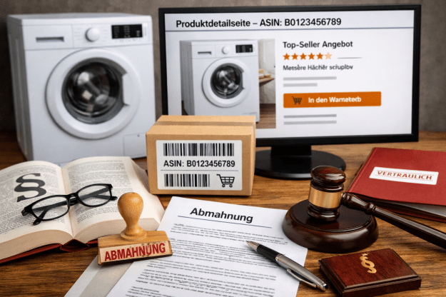 Schema des Plattformhandels: Waschmaschine auf einer Produktdetailseite mit ASIN-Code sowie juristischen Dokumenten zu Markenrecht und Abmahnung im Onlinehandel