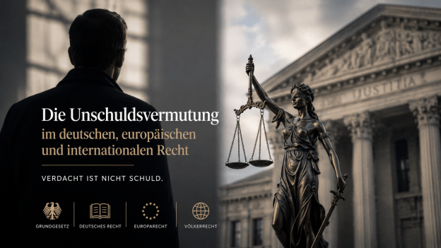 Symbolbild zur Unschuldsvermutung mit Personensilhouette und Justitia vor einer gerichtlichen Kulisse